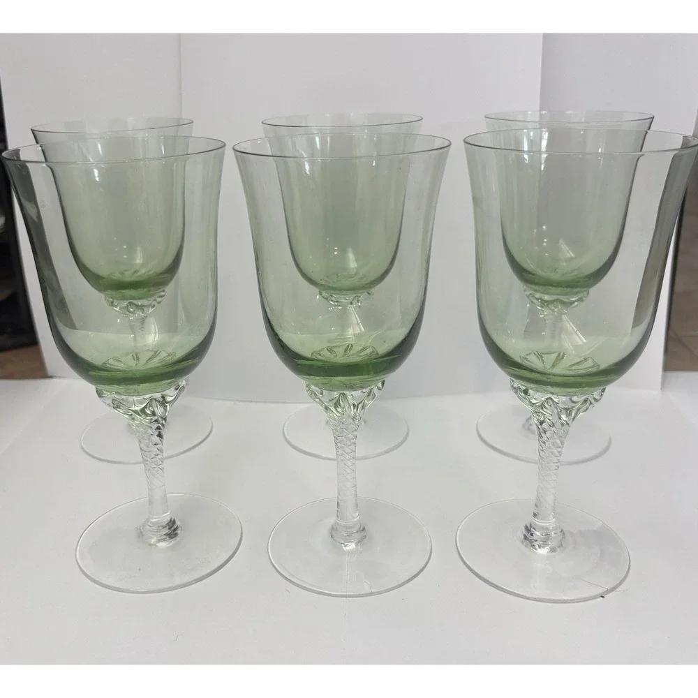 Sasaki Hawthorne Jade Water Goblets Green Clear Twist Stem Set of 6 Vintage